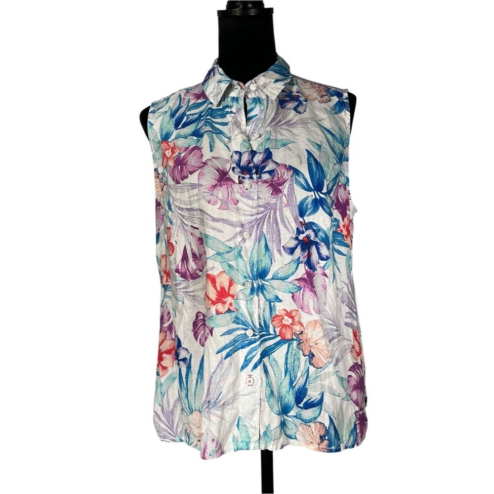 Tommy Bahama Linen Vest Top Sleeveless White Blue Pink Floral Button Front Shirt